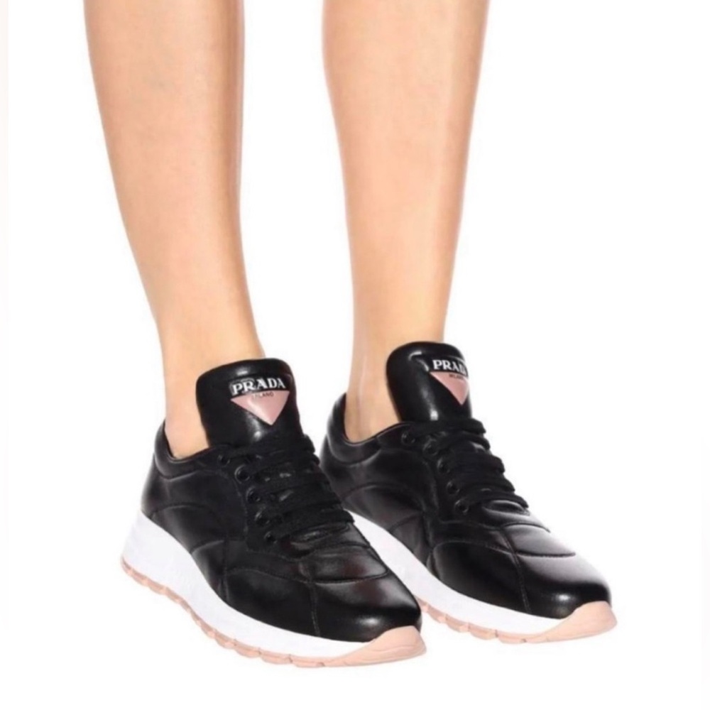 Prada Black Leather Sneakers with Pink Accents